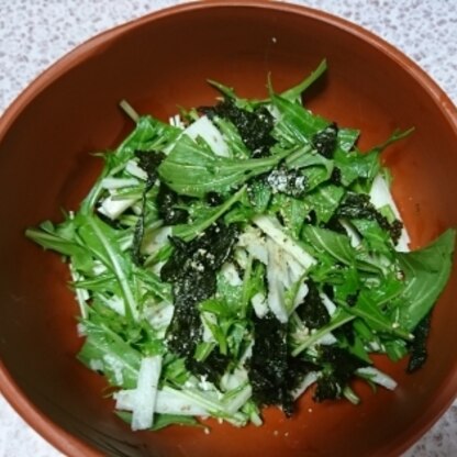 水菜の冷たさも美味しく感じる季節になりました。海苔に塩がまぶしてあったので、ポン酢も少なくてすみカンタンに夕飯に一品追加。ごちそうさま